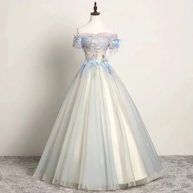 Girlhomeshops-Light colored floral beaded long tulle and formal ball gown with lace up gh5314