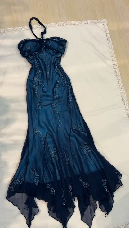 Dark Blue Fairy Mermaid Beaded Long Chiffon Formal Prom Evening Dress Wedding Guest Party Gown Dress Greek Halter Neck gh3617b