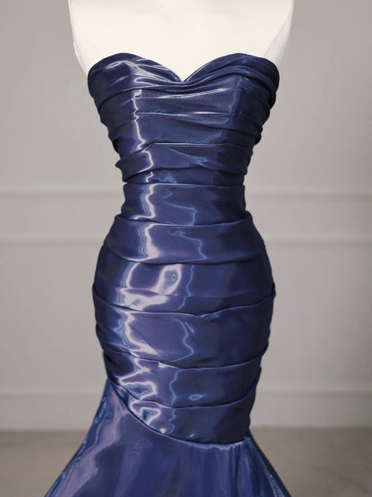 Blue Elegant Satin Long Mermaid Fit Floor Length Ball Gown Evening Dress gh4200