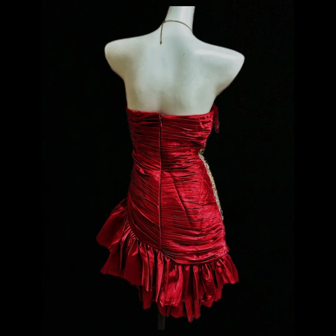 Red Beaded Short Satin Ruffle Homecoming Ball Gown gh4640