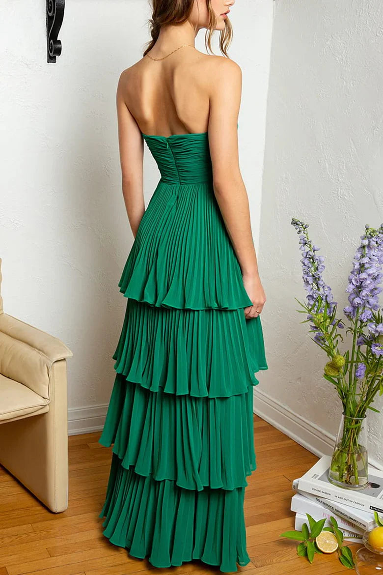 Hunter Green Strapless A-line Layers Long Prom Dress