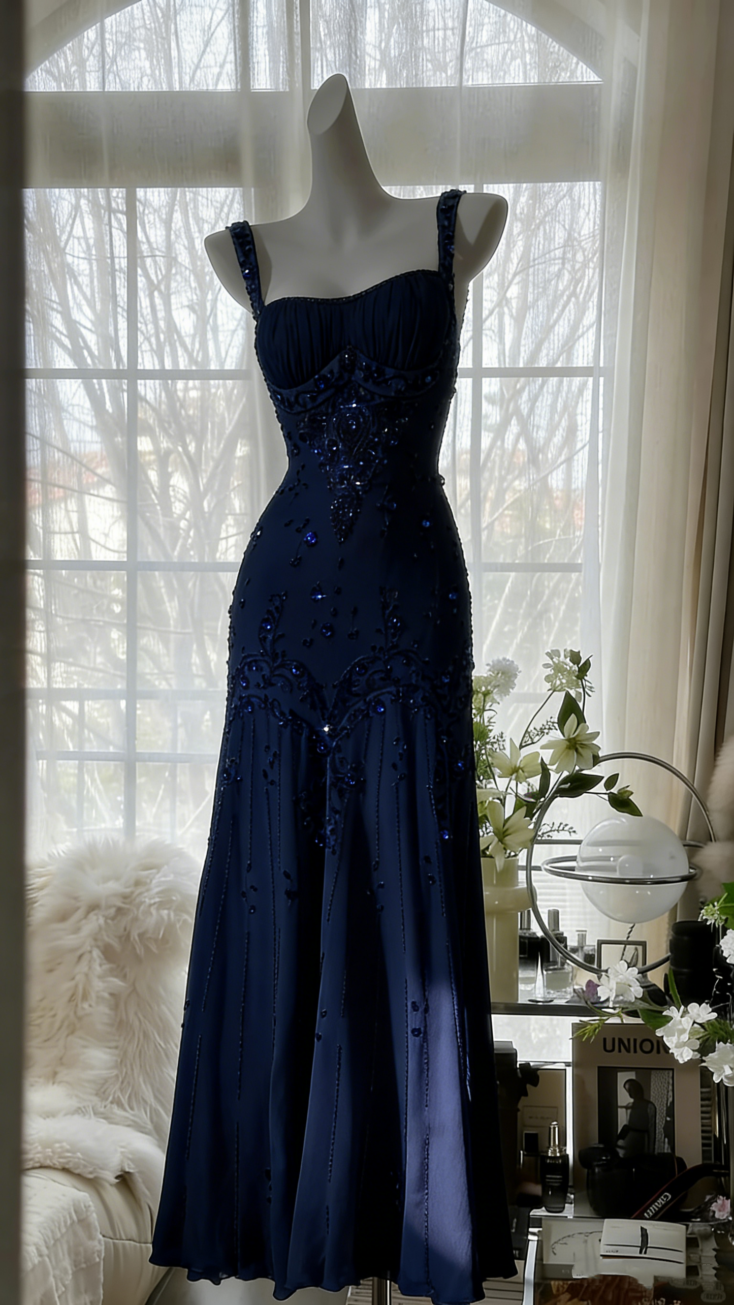 Vintage Ivory Beaded Chiffon Mermaid Prom Dress P3293