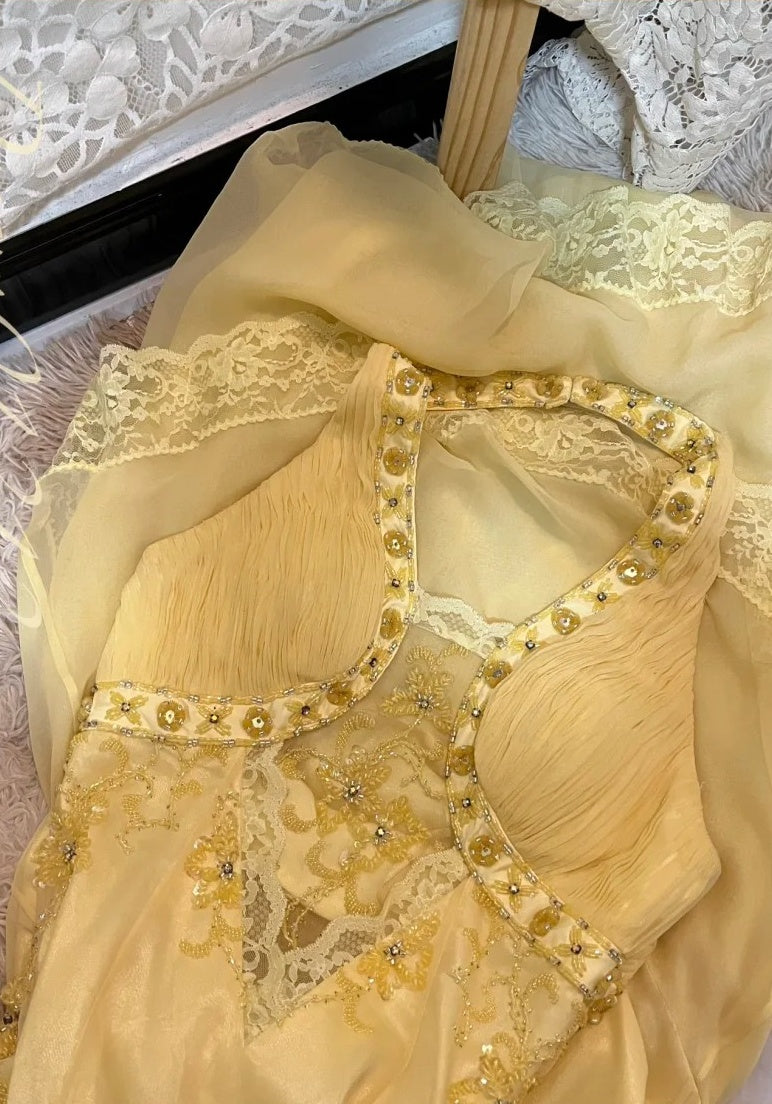Yellow beaded elegant long chiffon ball gown evening dress party dress gh4467