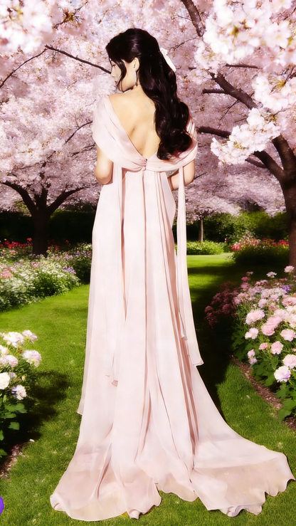 Blush Pink Chiffon Twist Neck Maxi Dress - Off-Shoulder Backless Bridesmaid/Date/Evening Gown gh6976