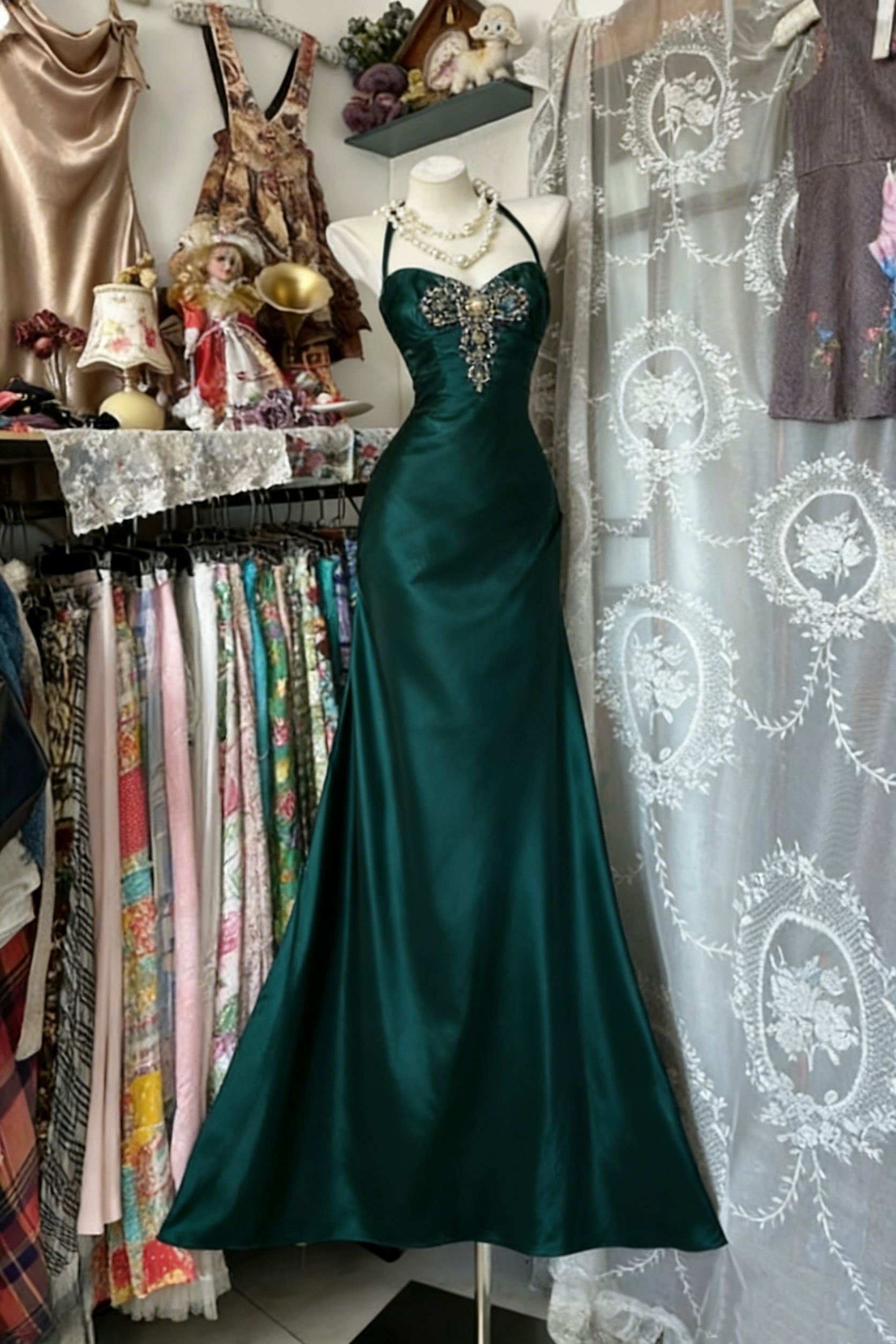 Green retro elegant long satin Prom dress gh6841