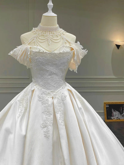 Girlhomeshops--✨White vintage exquisite beaded tube top satin lace wedding dress, court beauty, elegance and sexiness gh5441