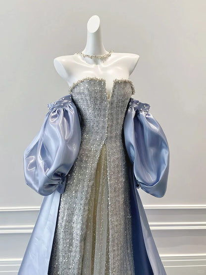 Beautiful blue dress princess high-end fairy yarn ball dress evening dress gh4329