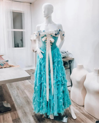 Girlhomeshops-Blue floral corset long retro elegant Prom dress evening dress gh5072