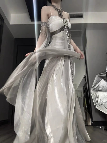 White and gray fairy long satin tulle ball gown evening gown graduation gown gh4492