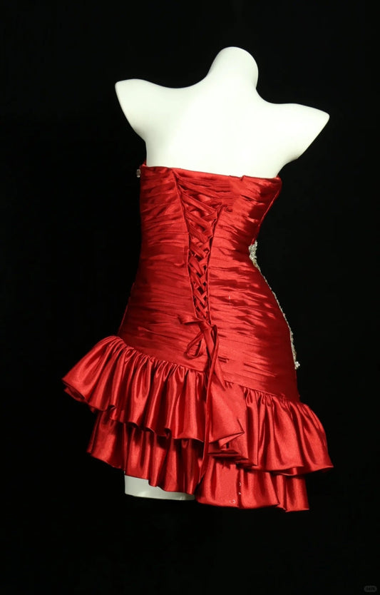 Homecoming dress vintage red beaded short satin beautiful prom dress evening dress party dress banquet dress gh4721