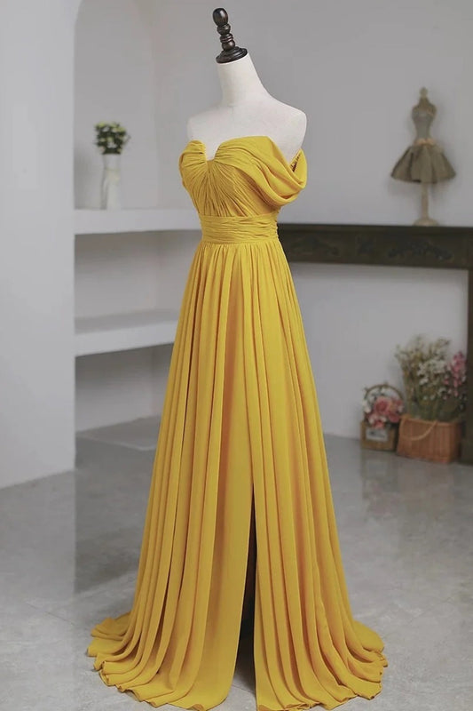 Off-the-Shoulder Ruched Chiffon Gown, Slit Flowy Elegant Dress gh7073