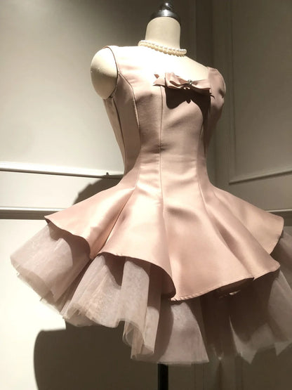 Pink Sweet Cute Elegant Short Tulle Satin Bow Decoration Homecoming Dress Evening Dress Birthday Party Dress Prom Dress Prom Dress gh4077
