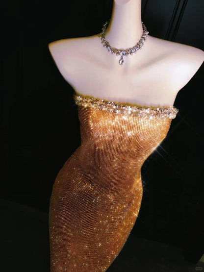 Girlhomeshops--Super beautiful golden gorgeous glitter metal mermaid fishtail long prom dress gh5489
