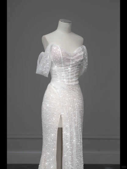 ✨Girlhomeshops-White Sparkling Elegant Mermaid Long Tulle Slimming Prom dress Evening Dress Party Dress gh4991