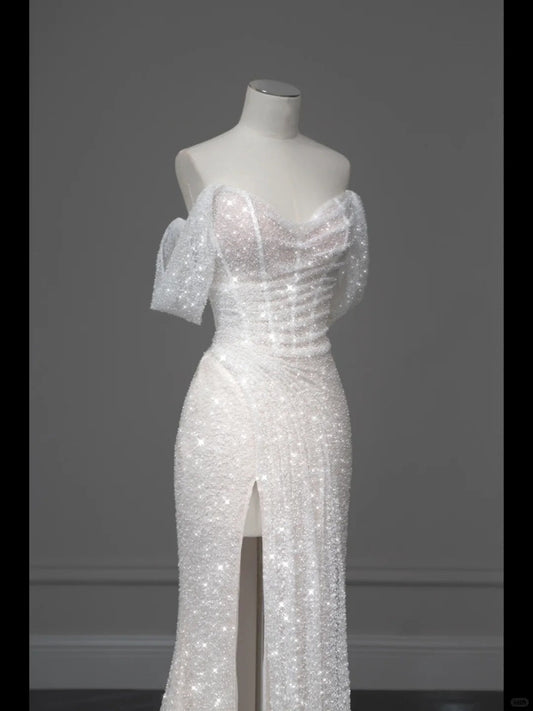 ✨Girlhomeshops-White Sparkling Elegant Mermaid Long Tulle Slimming Prom dress Evening Dress Party Dress gh4991