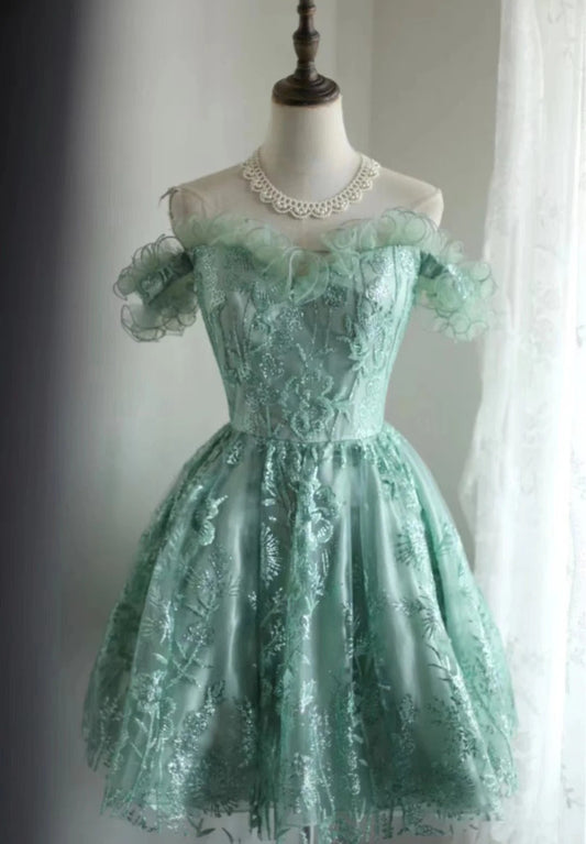 Green girl cute one shoulder flower bud print short princess dress adult birthday party homecoming dress gh4325