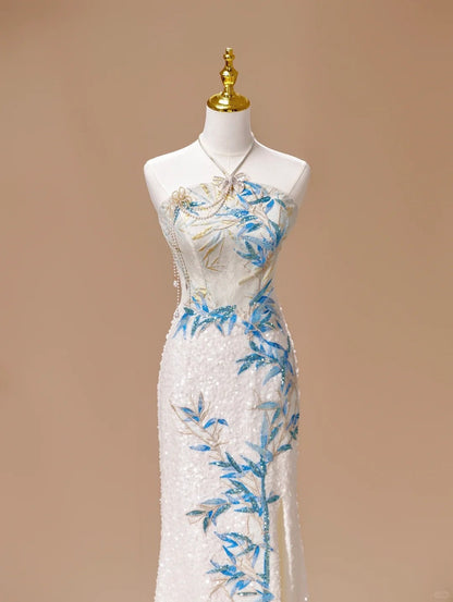 White Luxury Gorgeous Shiny Unique Fashion Elegant Exquisite Floral Bamboo Beads Sequins Suspender Long Ball Dress Evening Dress Bridal Wedding Reception Dress Prom Dress gh4026