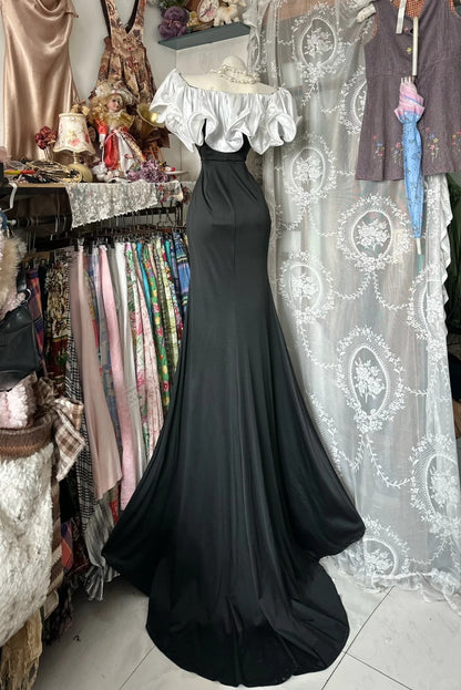 girlhomeshops-Black And White Long Floor-Length Satin Prom Dress gh6234
