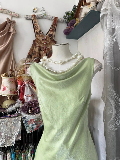Girlhomeshops-Green simple elegant long satin birthday dress party dress gh5179