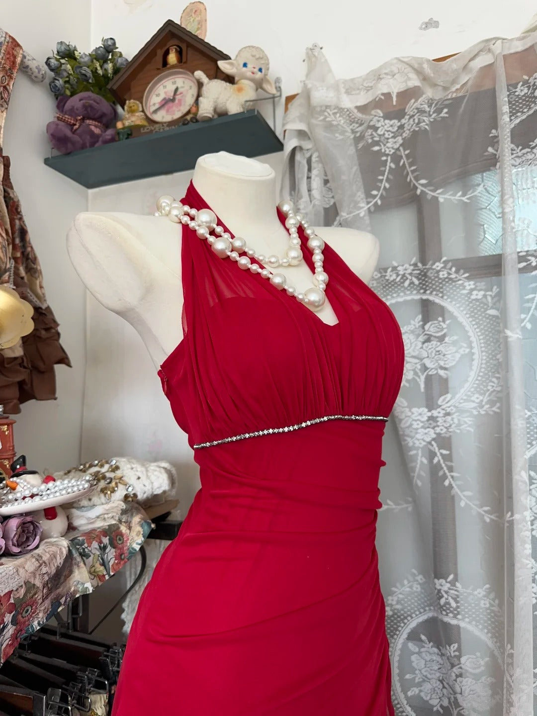 Girlhomeshops-Red suspenders fashion backless retro long chiffon prom dress birthday party dress gh5433