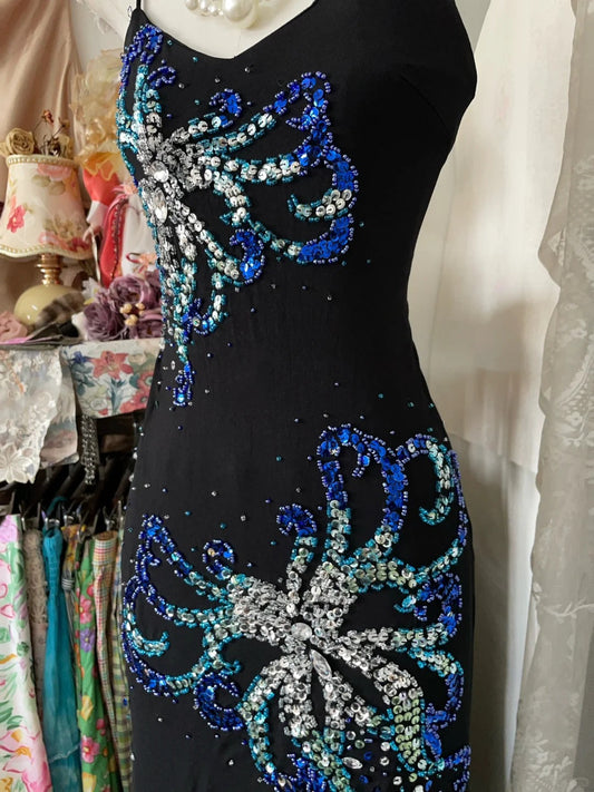 Girlhomeshops-Black gorgeous blue exquisite beading vintage long satin backless prom dress birthday party dress gh5432
