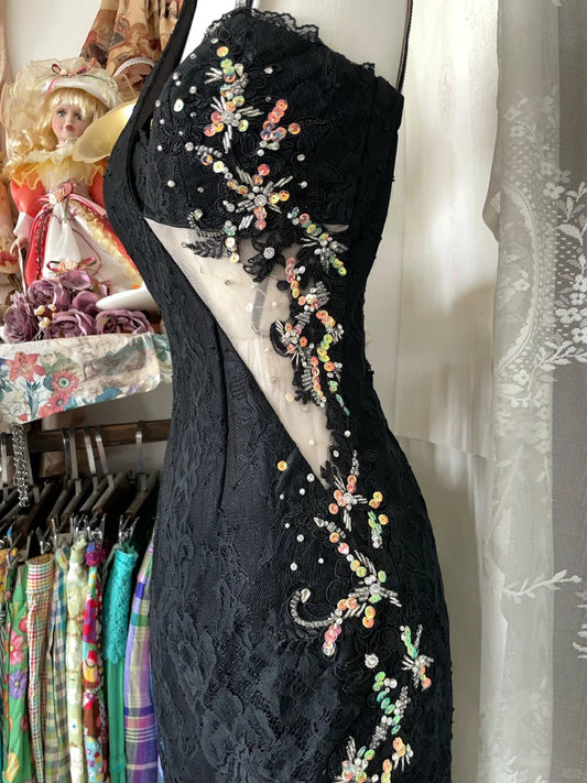 Girlhomeshops-Black beaded vintage short lace chiffon homecoming dress birthday dress cocktail party dress gh5228