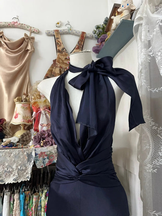 Navy Blue Retro Fashion Simple Long Satin Prom Dress Evening Dress Party Dress Date Dress gh4880
