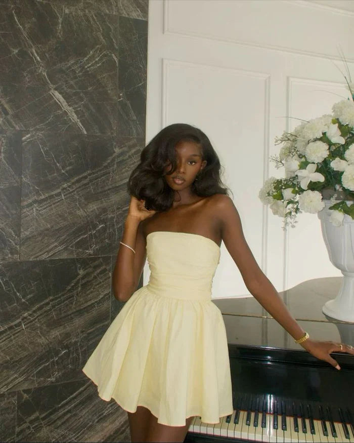 Vintage Faint Yellow Strapless A-Line Homecoming Dress Party Dress Cocktail Dress TP4705