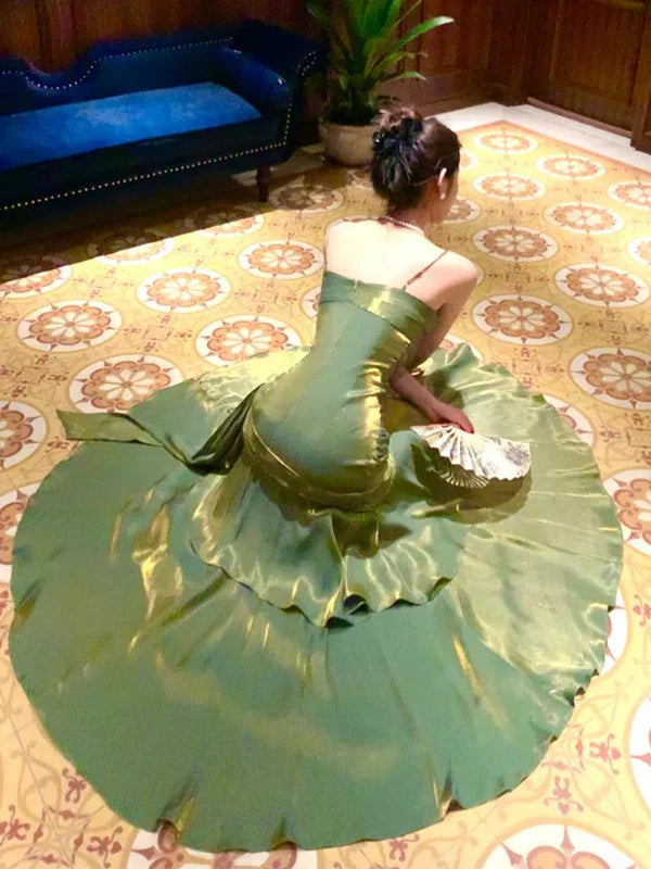 Burgundy/Green Chic Sweet Long Ruffled Ball Gown Evening Dress Party Dress gh4318