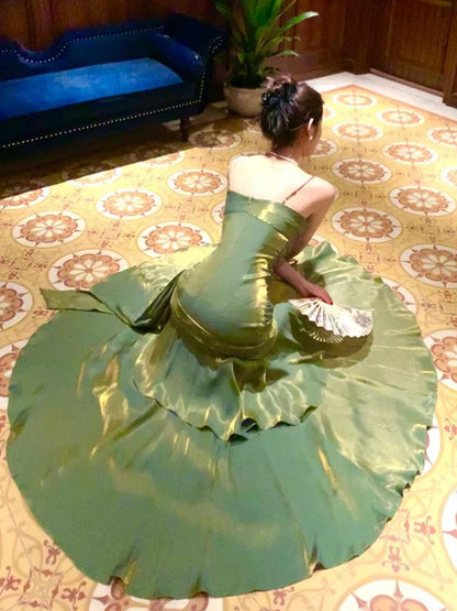 Burgundy/Green Chic Sweet Long Ruffled Ball Gown Evening Dress Party Dress gh4318