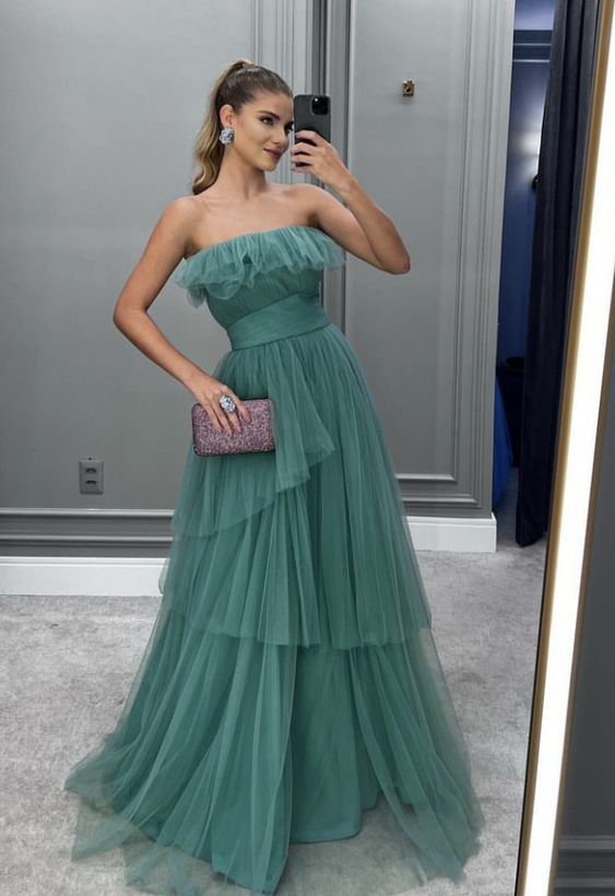 Strapless Formal Evening Dresses Tiered Tulle Party Gown