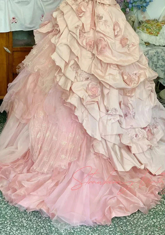 Elegant Pink 3D Flower Sweet 16 Quinceanera A-Line Floor-length Birthday Dress Ball Gown TP4421