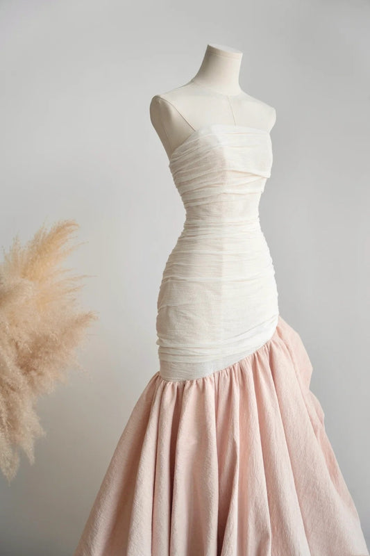 girlhomeshops- Vintage Pink-White Contrast Ruched Strapless Mermaid Long Evening Gown gh6091