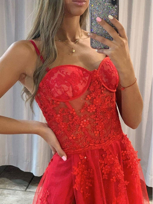 Red sweetheart tulle lace long prom dress, red tulle long evening dress