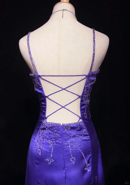 Purple Gorgeous Vintage God Shining Elegant Exquisite Rhinestone Beaded Satin Long Floor Length Slim Fairy Ball Gown Evening Dress Party Dress Prom Dress gh3853