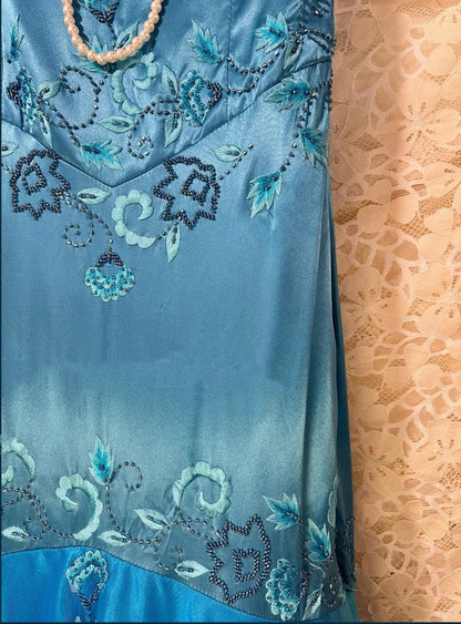Blue Floral Elegant Long Satin Ball Gown Evening Gown Party Dress Bridesmaid Dresses gh4464