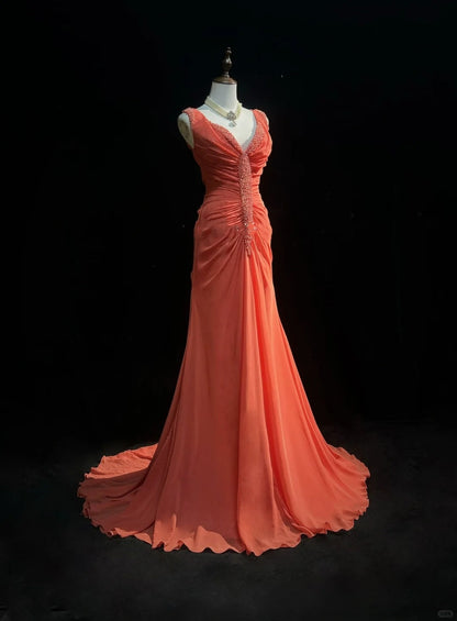 Orange Gorgeous Retro Fashion V-Neck Elegant Exquisite Pearl Beads Long Tulle Chiffon Floor-Length Trailing Ball Gown Evening Dress Prom Dress gh3872