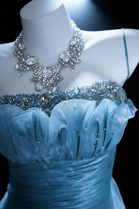 Ice Blue Mystery - Spaghetti Strap Beaded Ruched Mermaid Gown, Tulle Train Elegant Dress. gh7088