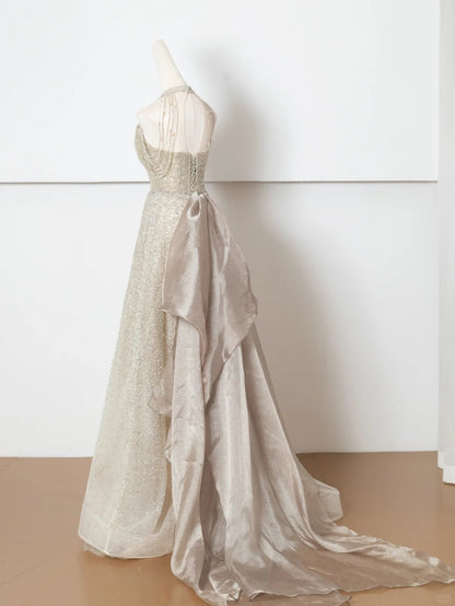 Champagne gold shining elegant tulle long prom dress evening dress party dress gh4870