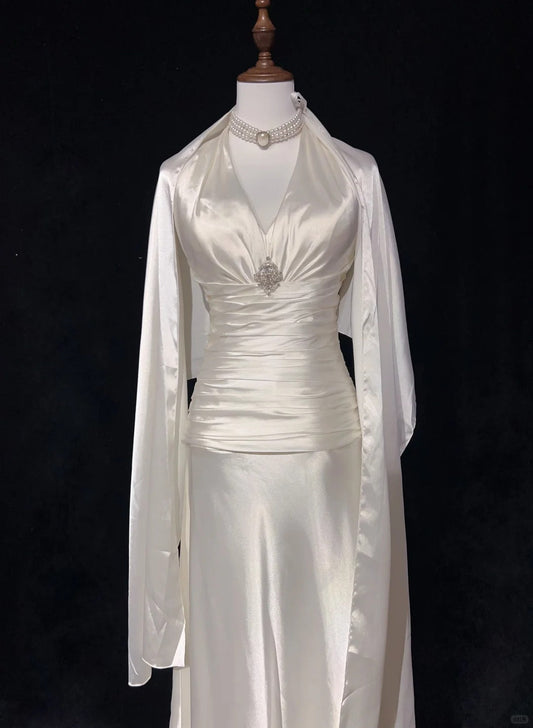 Ivory White Vintage Long Satin Elegant Ball Gown Evening Dress Graduation Dress Wedding Dress gh4490