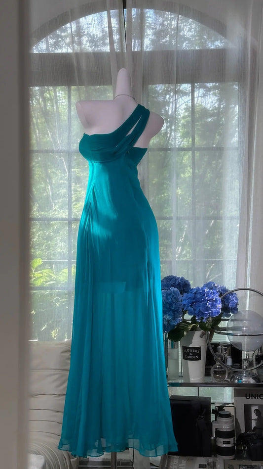 girlhomeshops--Blue one shoulder fashionable and elegant chiffon long prom dress gh5591