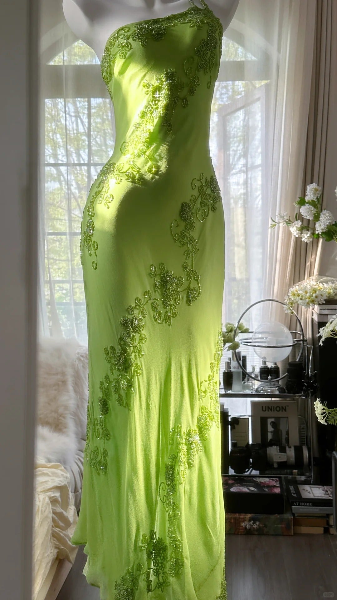 Green gorgeous fashion one shoulder elegant vintage exquisite beaded long chiffon ball gown evening dress birthday party dress prom dress gh3951