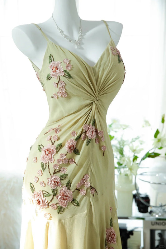 Yellow Elegant Romantic Delicate Pink Floral Beading Spaghetti Straps Midi/Short Chiffon Homecoming Ball Gown Evening Dress Birthday/Wedding Guest/Holiday Party Dress Prom Dress gh4023
