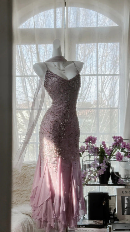 Pink Purple Elegant Romantic Exquisite Beaded Long Chiffon Ball Gown Evening Dress Birthday/Wedding Guest/Holiday Party Dress Prom Dress gh4021