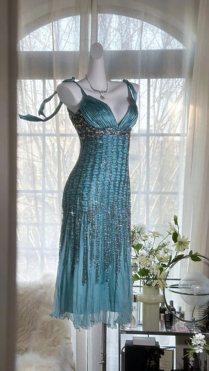 Green Luxury Gorgeous Retro Fashion Exquisite Tassel Beaded Mid-Length Chiffon Ball Gown Birthday Party Dress Evening Dress Prom Dress gh3973