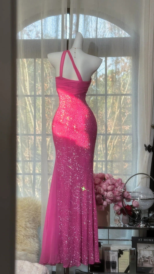 Pink Romantic Fairy Exquisite Bead Decoration Long Chiffon Date Dress Party Dress gh6911