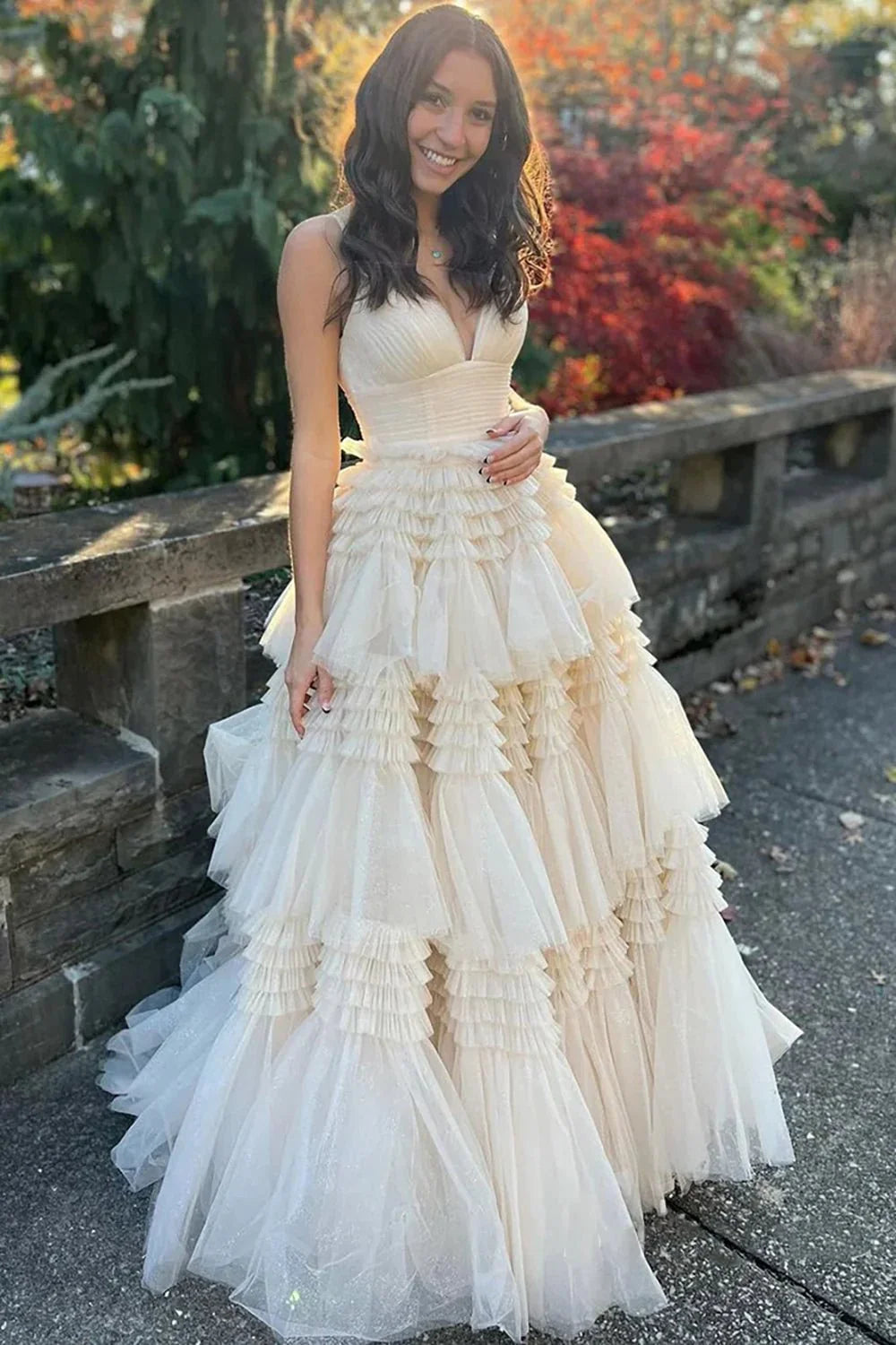 V-Neck Spaghetti Straps Empire With Side Slit Tulle A-Line Prom Dress