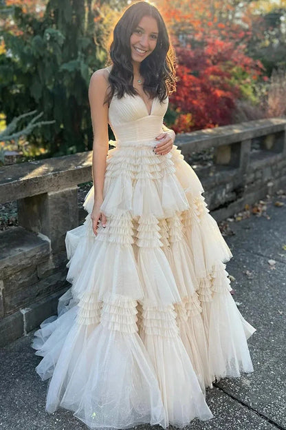 V-Neck Spaghetti Straps Empire With Side Slit Tulle A-Line Prom Dress