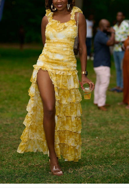 Girlhomeshops-Yellow sexy elegant floral ruffle long chiffon garden party dress wedding guest gown gh5205