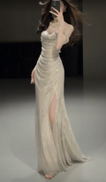 Elegant Glittering Sequined Off-Shoulder Sheath High Slit Shimmering Fabric Evening Gown TP5336